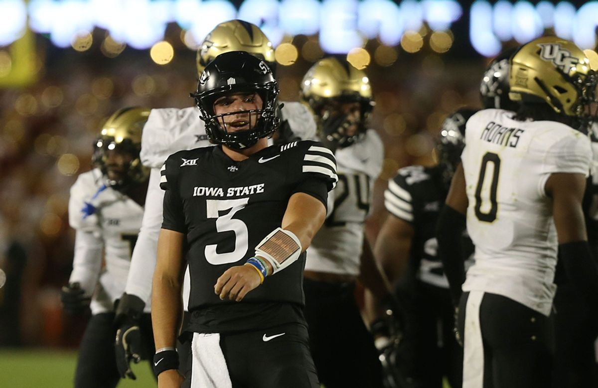 Iowa State Cyclones quarterback Rocco Becht (3) reacts after made a first down against UCF during the first quarter in the week-8 NCAA football at Jack Trice Stadium on Saturday, Oct. 19, 2024, in Ames, Iowa.