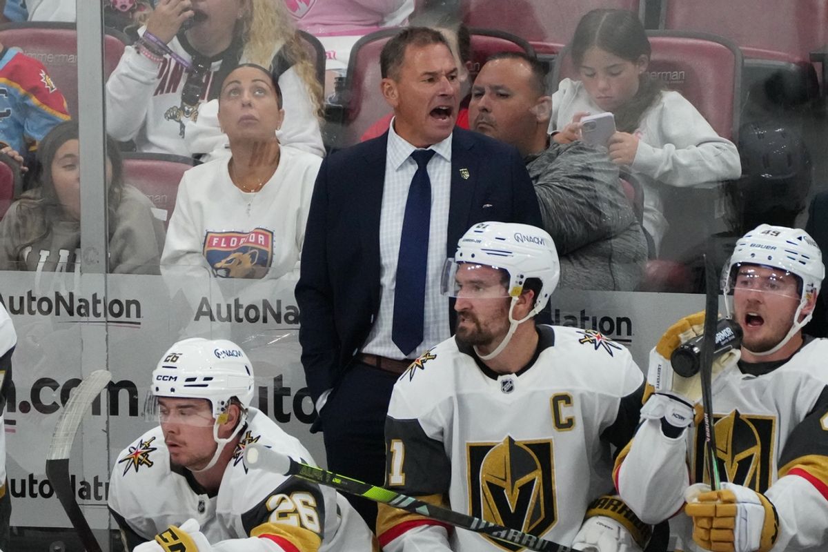 Oct 19, 2024; Sunrise, Florida, USA;  Vegas Golden Knights head coach Bruce Cassidy directs his team against the Florida Panthers during the third period at Amerant Bank Arena. Mandatory Credit: Jim Rassol-Imagn Images