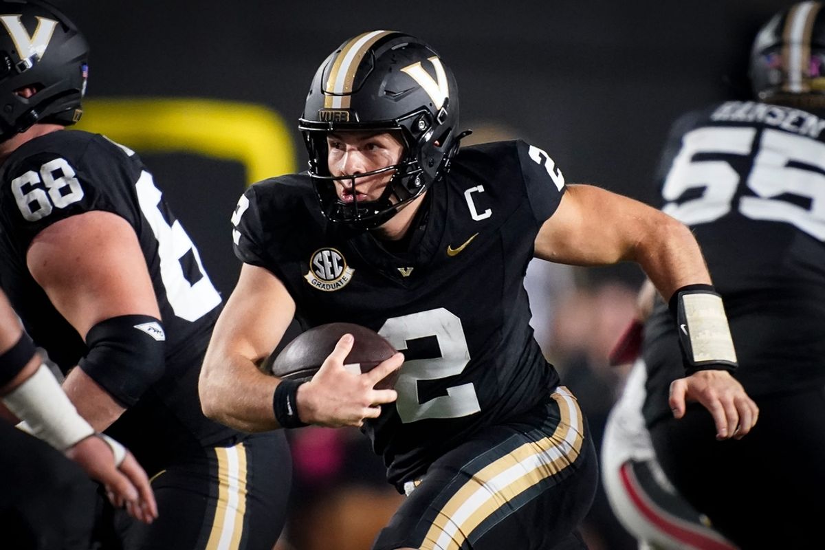 Vanderbilt quarterback Diego Pavia (2) runs the ball against Ball State during the fourth quarter at FirstBank Stadium in Nashville, Tenn., Saturday, Oct. 19, 2024.