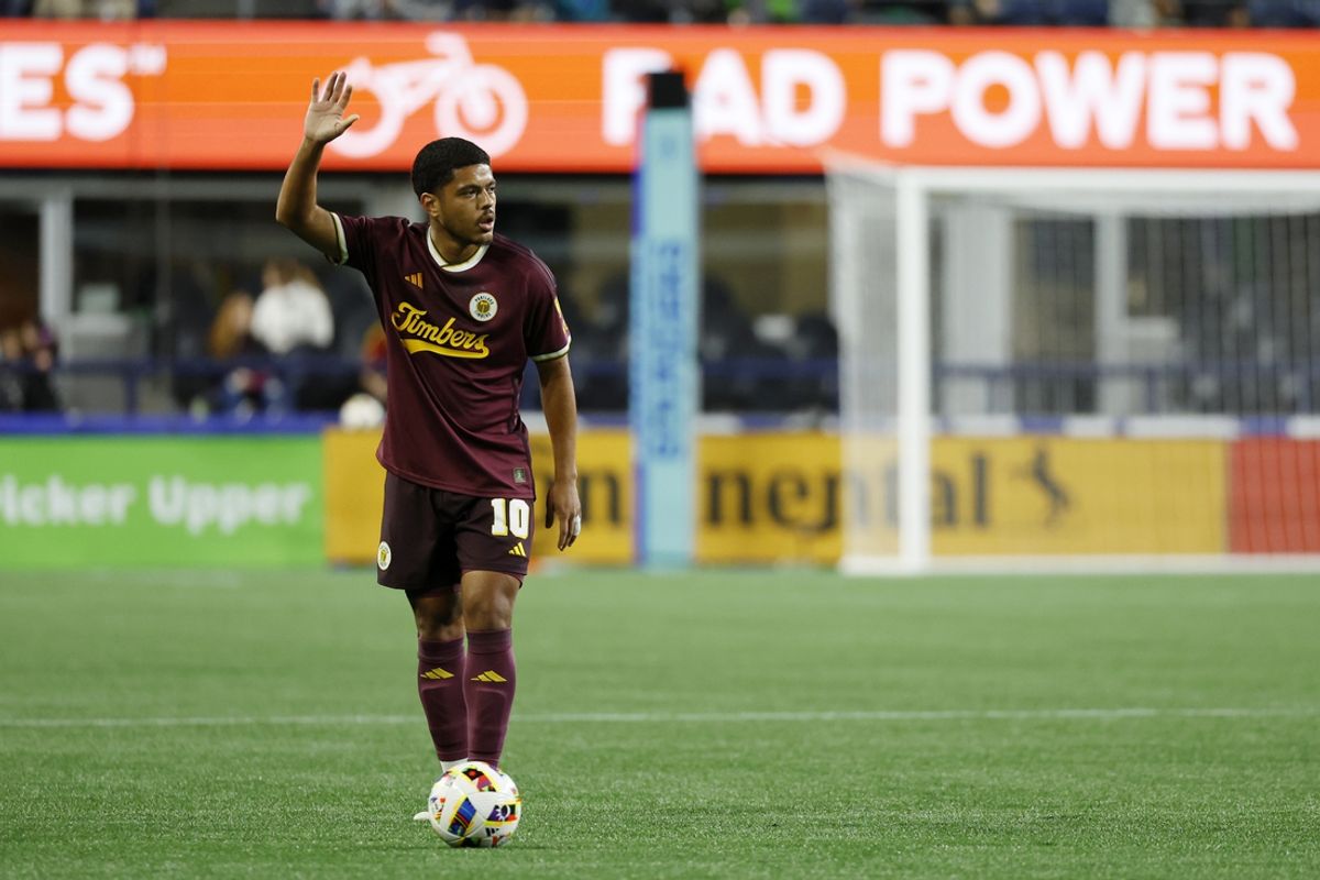 Oct 19, 2024; Seattle, Washington, USA; Portland Timbers midfielder Evander (10) prepares to take a free kick against Seattle Sounders FC during the first half at Lumen Field. Mandatory Credit: Joe Nicholson-Imagn Images