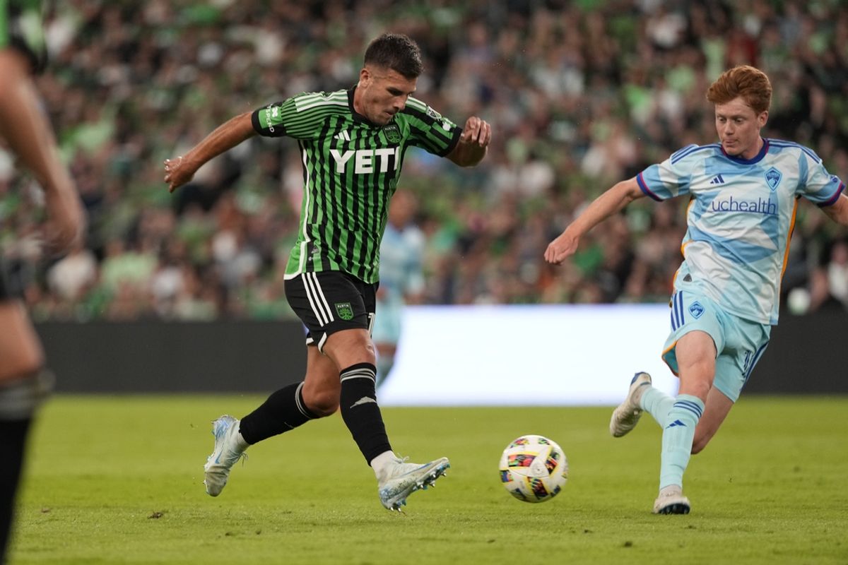 Oct 19, 2024; Austin, Texas, USA; Austin FC forward Diego Rubio (14) plays the ball in the second half against the Colorado Rapids at Q2 Stadium. Mandatory Credit: Scott Wachter-Imagn Images