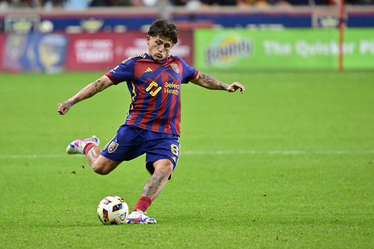 Oct 19, 2024; Sandy, Utah, USA;  Real Salt Lake midfielder Diego Luna (8) passes the ball during the second half against Vancouver Whitecaps FC at America First Field. Mandatory Credit: Christopher Creveling-Imagn Images