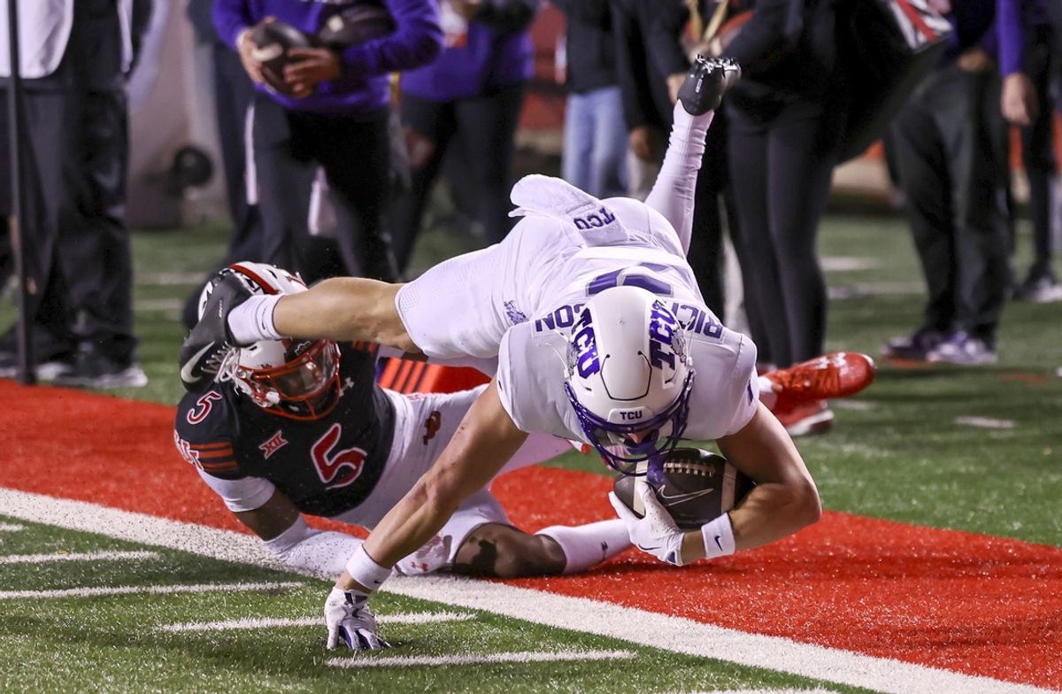 Oct 19, 2024; Salt Lake City, Utah, USA; TCU Horned Frogs wide receiver JP Richardson (7) is knocked out of bounds by Utah Utes cornerback Zemaiah Vaughn (5) during the first quarter at Rice-Eccles Stadium. Mandatory Credit: Rob Gray-Imagn Images