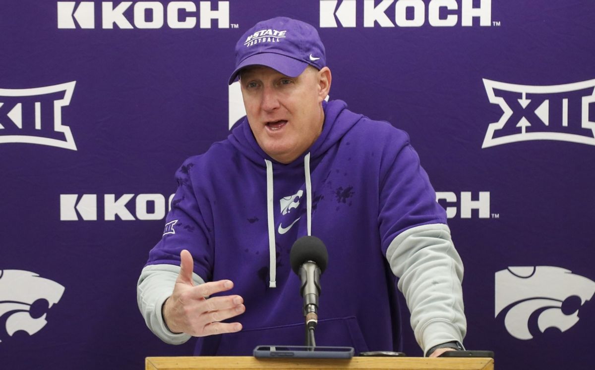 Oct 19, 2024; Morgantown, West Virginia, USA; Kansas State Wildcats coach Chris Klieman speaks with the media after defeating the West Virginia Mountaineers at Mountaineer Field at Milan Puskar Stadium. Mandatory Credit: Ben Queen-Imagn Images