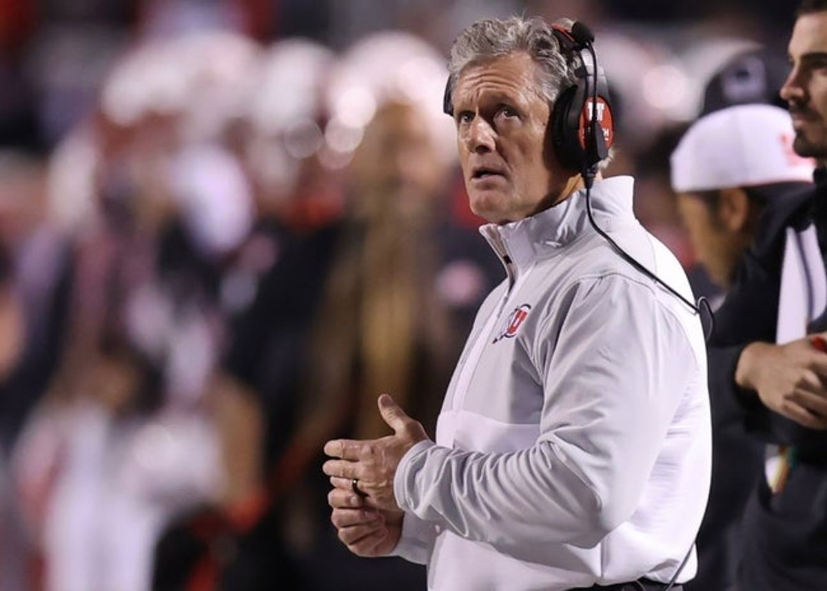 Oct 19, 2024; Salt Lake City, Utah, USA; Utah Utes head coach Kyle Whittingham looks on against the TCU Horned Frogs during the second quarter at Rice-Eccles Stadium. Mandatory Credit: Rob Gray-Imagn Images