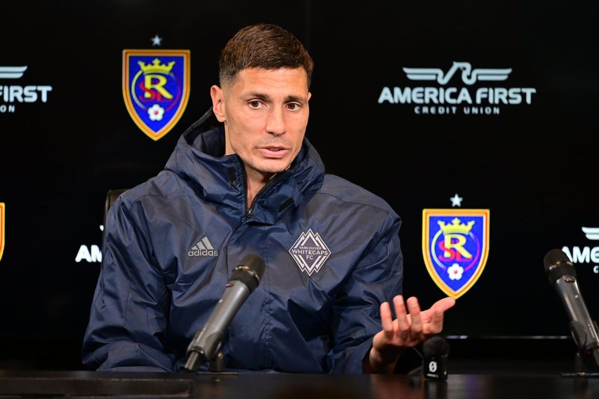 Oct 19, 2024; Sandy, Utah, USA;  Vancouver Whitecaps FC midfielder Damir Kreilach (19) interviews post match against Real Salt Lake at America First Field. Mandatory Credit: Christopher Creveling-Imagn Images