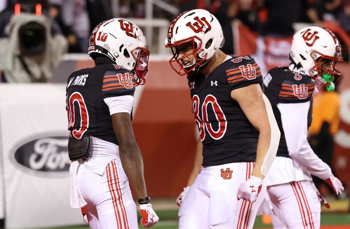 Oct 19, 2024; Salt Lake City, Utah, USA; Utah Utes wide receiver Money Parks (10) celebrates a touchdown against the TCU Horned Frogs with tight end Brant Kuithe (80) during the third quarter at Rice-Eccles Stadium. Mandatory Credit: Rob Gray-Imagn Images