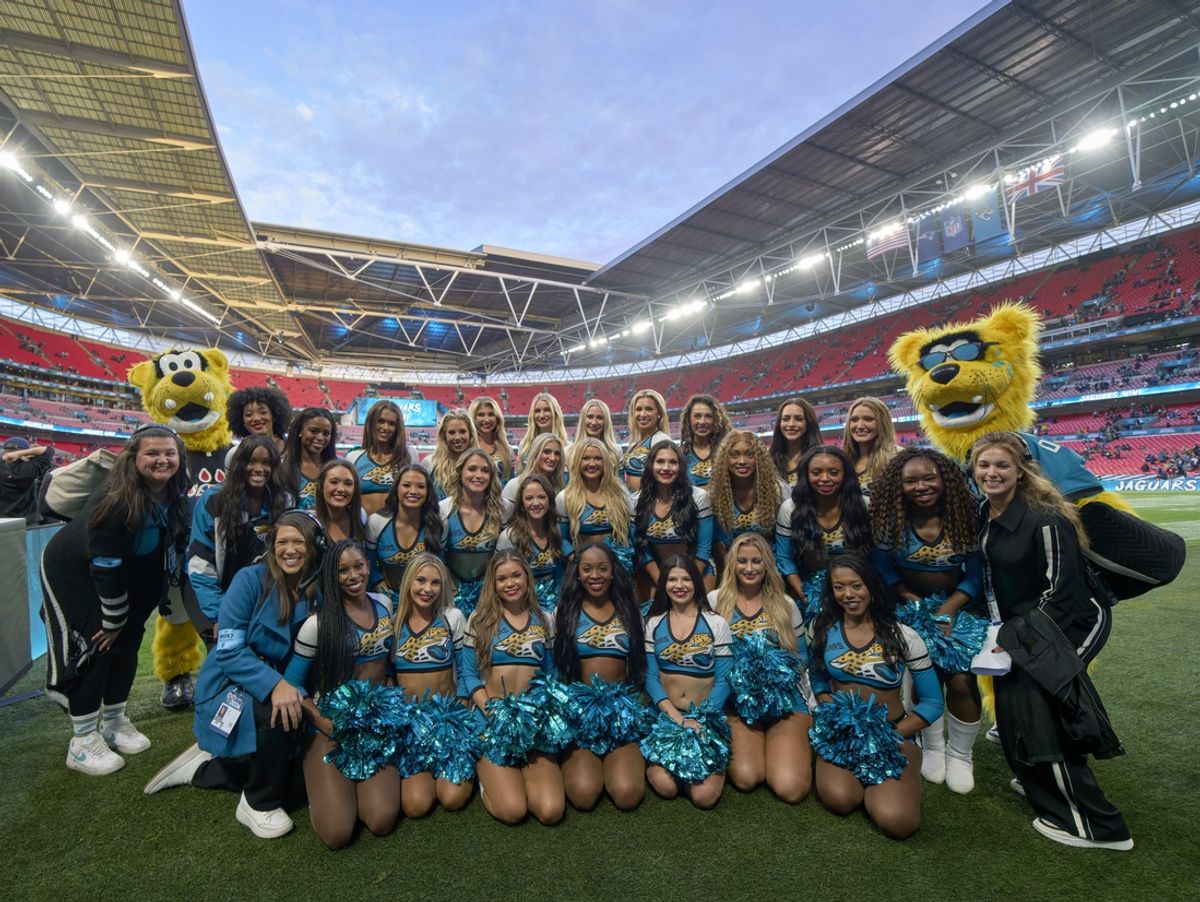 Oct 20, 2024; London, United Kingdom; The Jacksonville Jaguars cheer team after the game against the New England Patriots during an NFL International Series game at Wembley Stadium. Mandatory Credit: Peter van den Berg-Imagn Images