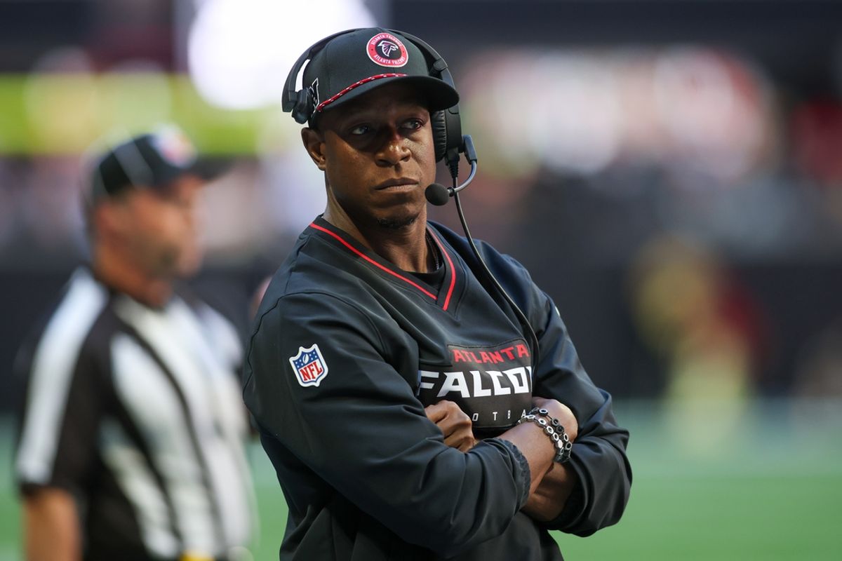 Oct 20, 2024; Atlanta, Georgia, USA; Atlanta Falcons head coach Raheem Morris on the sideline against the Seattle Seahawks in the second quarter at Mercedes-Benz Stadium. Mandatory Credit: Brett Davis-Imagn Images
