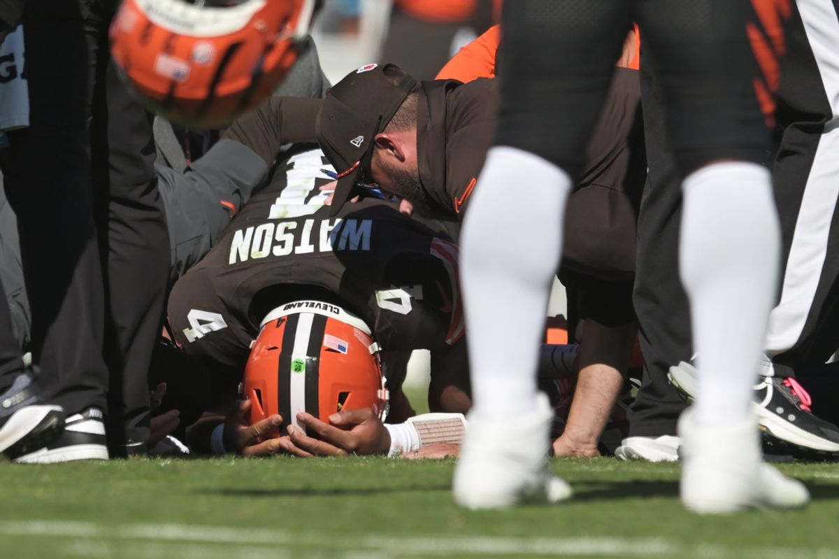 Oct 20, 2024; Cleveland, Ohio, USA; Cleveland Browns quarterback Deshaun Watson (4) lies on the ground after being injured during the first half against the Cincinnati Bengals at Huntington Bank Field. Mandatory Credit: Ken Blaze-Imagn Images