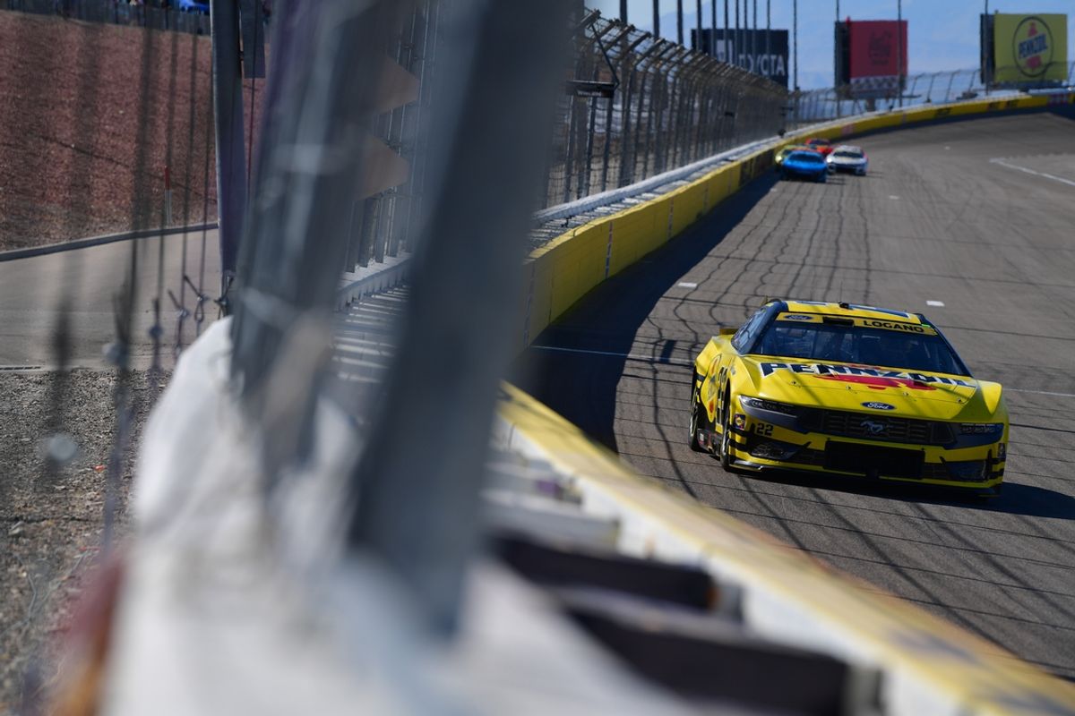 Oct 20, 2024; Las Vegas, Nevada, USA;  NASCAR Cup Series driver Joey Logano (22) during the South Point 400 at Las Vegas Motor Speedway. Mandatory Credit: Gary A. Vasquez-Imagn Images