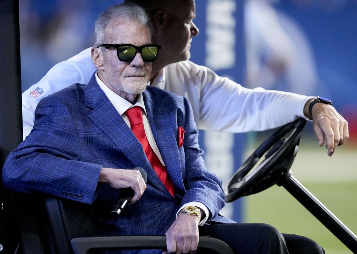 Oct 20, 2024; Indianapolis, Indiana, USA; Indianapolis Colts owner Jim Irsay sits in a golf cart during a Ring of Honor ceremony for Dallas Clark during a game against the Miami Dolphins at Lucas Oil Stadium. Mandatory Credit: Grace Hollars/IndyStar USA TODAY Network via Imagn Images