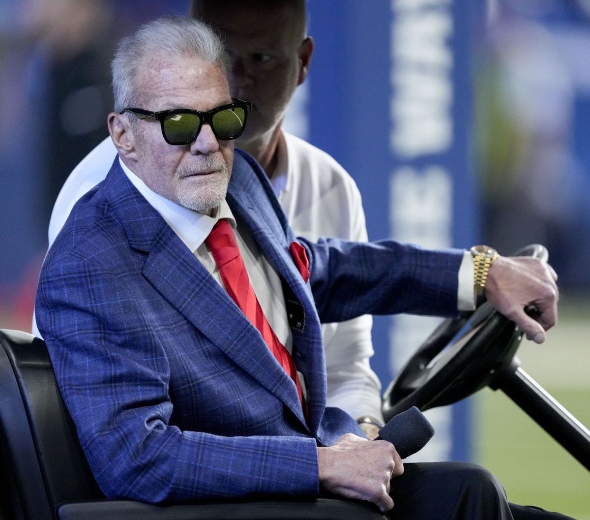 Oct 20, 2024; Indianapolis, Indiana, USA; Indianapolis Colts owner Jim Irsay sits in a golf cart during a Ring of Honor ceremony for Dallas Clark during a game against the Miami Dolphins at Lucas Oil Stadium. Mandatory Credit: Grace Hollars/IndyStar USA TODAY Network via Imagn Images