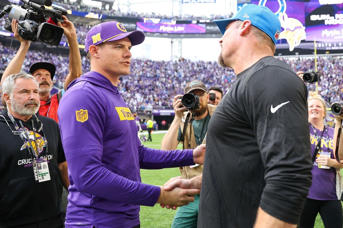 Oct 20, 2024; Minneapolis, Minnesota, USA; Minnesota Vikings head coach Kevin O'Connell and Detroit Lions head coach Dan Campbell shakes hands after the game at U.S. Bank Stadium. Mandatory Credit: Matt Krohn-Imagn Images