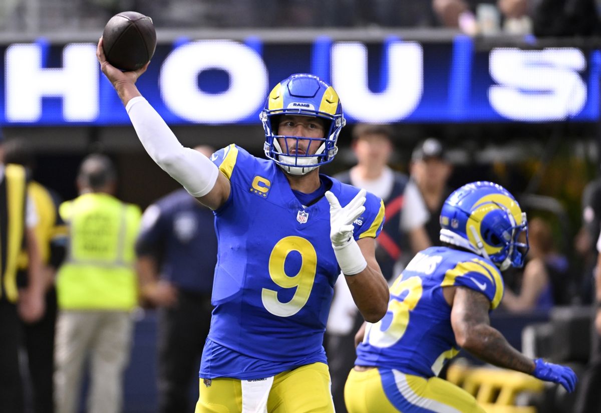Oct 20, 2024; Inglewood, California, USA; Los Angeles Rams quarterback Matthew Stafford (9) throws a pass against the Las Vegas Raiders in the first half at SoFi Stadium. Mandatory Credit: Alex Gallardo-Imagn Images