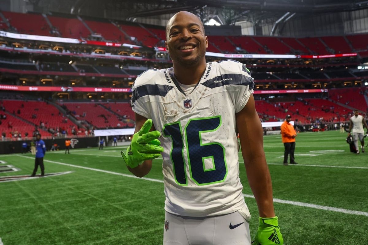 Oct 20, 2024; Atlanta, Georgia, USA; Seattle Seahawks wide receiver Tyler Lockett (16) celebrates after a victory over the Atlanta Falcons at Mercedes-Benz Stadium. Mandatory Credit: Brett Davis-Imagn Images
