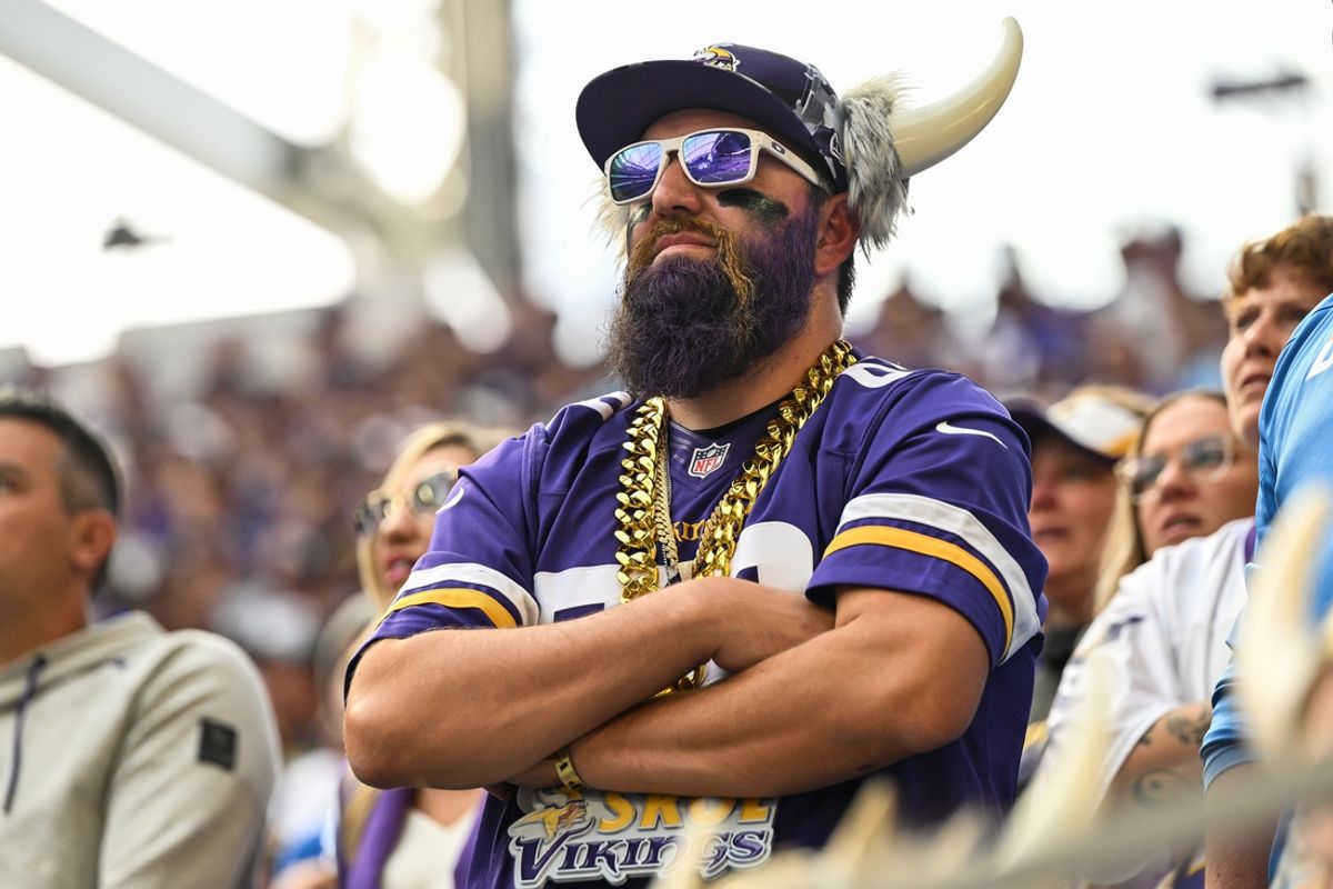 Oct 20, 2024; Minneapolis, Minnesota, USA; Minnesota Vikings fans react late during the fourth quarter against the Detroit Lions at U.S. Bank Stadium. Mandatory Credit: Jeffrey Becker-Imagn Images