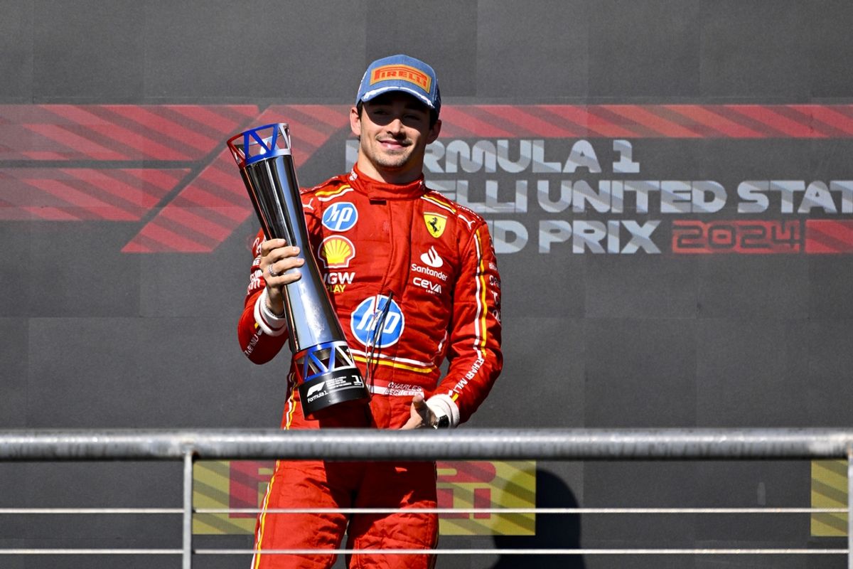 Oct 20, 2024; Austin, Texas, USA; Scuderia Ferrari driver Charles Leclerc (16) of Team Monaco celebrates after the 2024 Formula One US Grand Prix at Circuit of the Americas. Mandatory Credit: Jerome Miron-Imagn Images
