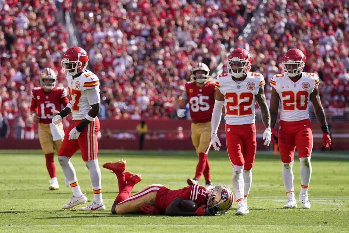 Oct 20, 2024; Santa Clara, California, USA; San Francisco 49ers wide receiver Brandon Aiyuk (11) lays on the ground after suffering an injury against the Kansas City Chiefs in the second quarter at Levi's Stadium. Mandatory Credit: Cary Edmondson-Imagn Images