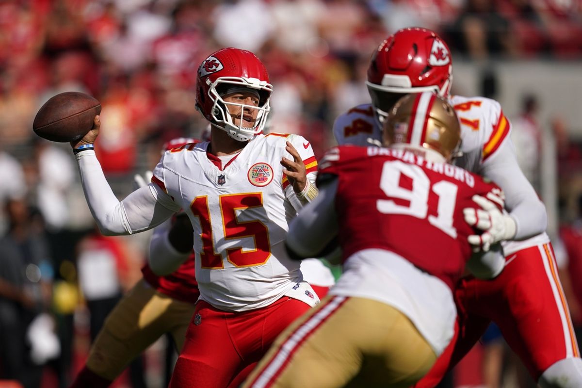 Oct 20, 2024; Santa Clara, California, USA; Kansas City Chiefs quarterback Patrick Mahomes (15) throws a pass against the San Francisco 49ers in the second quarter at Levi's Stadium. Mandatory Credit: Cary Edmondson-Imagn Images