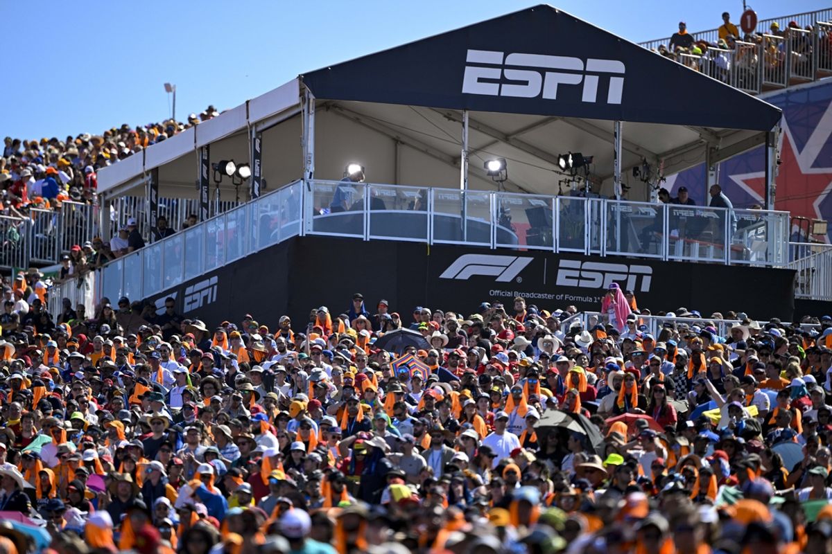 Oct 20, 2024; Austin, Texas, USA; A view of the fans and the ESPN F1 broadcast stand at the start of the 2024 Formula One US Grand Prix at Circuit of the Americas. Mandatory Credit: Jerome Miron-Imagn Images