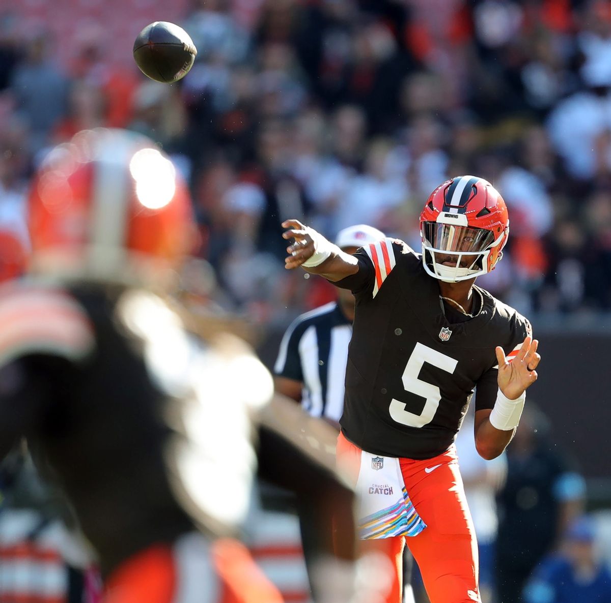 Cleveland Browns quarterback Jameis Winston (5) attempts a pass during the second half of an NFL football game at Huntington Bank Field, Sunday, Oct. 20, 2024, in Cleveland, Ohio.