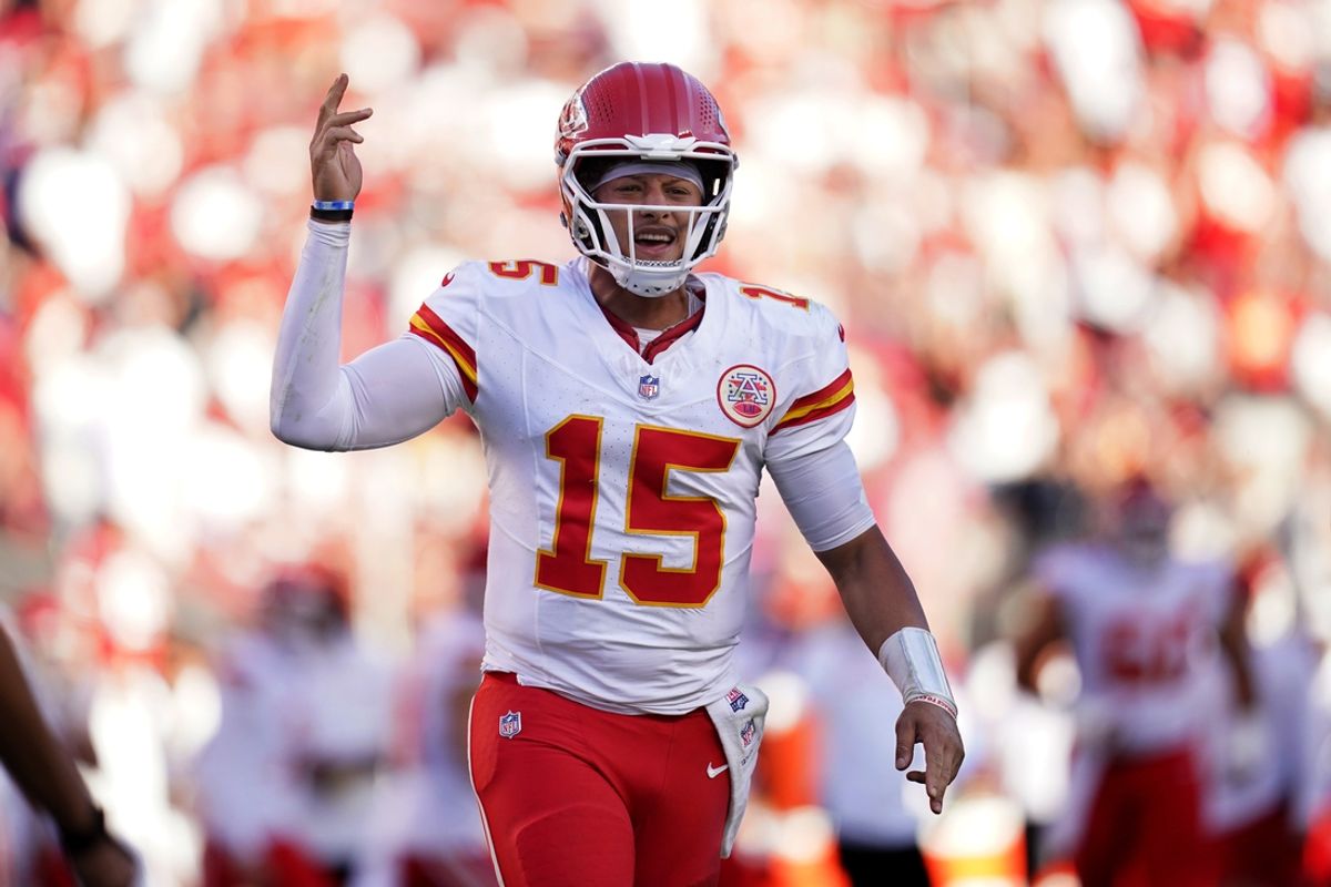 Oct 20, 2024; Santa Clara, California, USA; Kansas City Chiefs quarterback Patrick Mahomes (15) reacts after the Chiefs scored a touchdown against the San Francisco 49ers in the fourth quarter at Levi's Stadium. Mandatory Credit: Cary Edmondson-Imagn Images