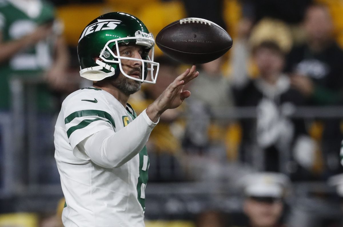 Oct 20, 2024; Pittsburgh, Pennsylvania, USA;  New York Jets quarterback Aaron Rodgers (8) warms up before the game against the Pittsburgh Steelers at Acrisure Stadium. Mandatory Credit: Charles LeClaire-Imagn Images