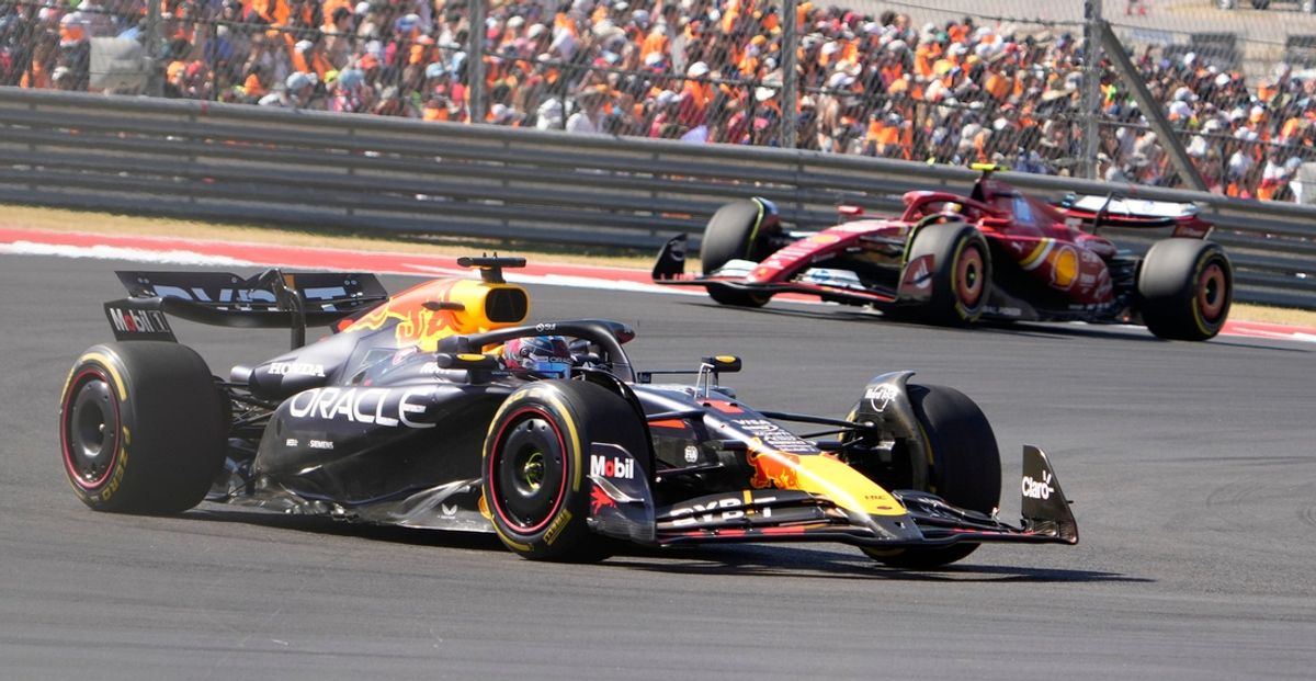 Oracle Red Bull Racing driver Max Verstappen of Team Netherlands, left, and Scuderia Ferrari driver Carlos Sainz of Team Spain race in the Formula 1 Pirelli United States Grand Prix at Circuit of the Americas Sunday October 20, 2024.