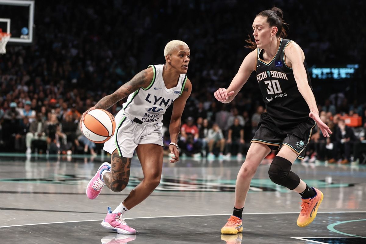 Oct 20, 2024; Brooklyn, New York, USA; Minnesota Lynx guard Courtney Williams (10) looks to drive past New York Liberty forward Breanna Stewart (30) in the second quarter during game five of the 2024 NBA Finals at Barclays Center. Mandatory Credit: Wendell Cruz-Imagn Images