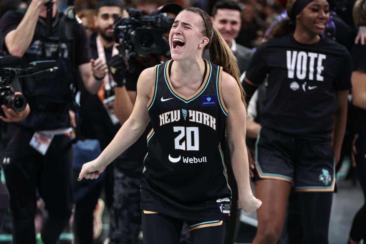 Oct 20, 2024; Brooklyn, New York, USA; New York Liberty guard Sabrina Ionescu (20) celebrates after defeating the Minnesota Lynx in game five of the 2024 WNBA Finals at Barclays Center. Mandatory Credit: Wendell Cruz-Imagn Images