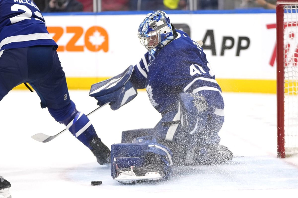 Oct 21, 2024; Toronto, Ontario, CAN; Toronto Maple Leafs goaltender Anthony Stolarz (41) makes a save against the Tampa Bay Lightning during the second period at Scotiabank Arena. Mandatory Credit: John E. Sokolowski-Imagn Images