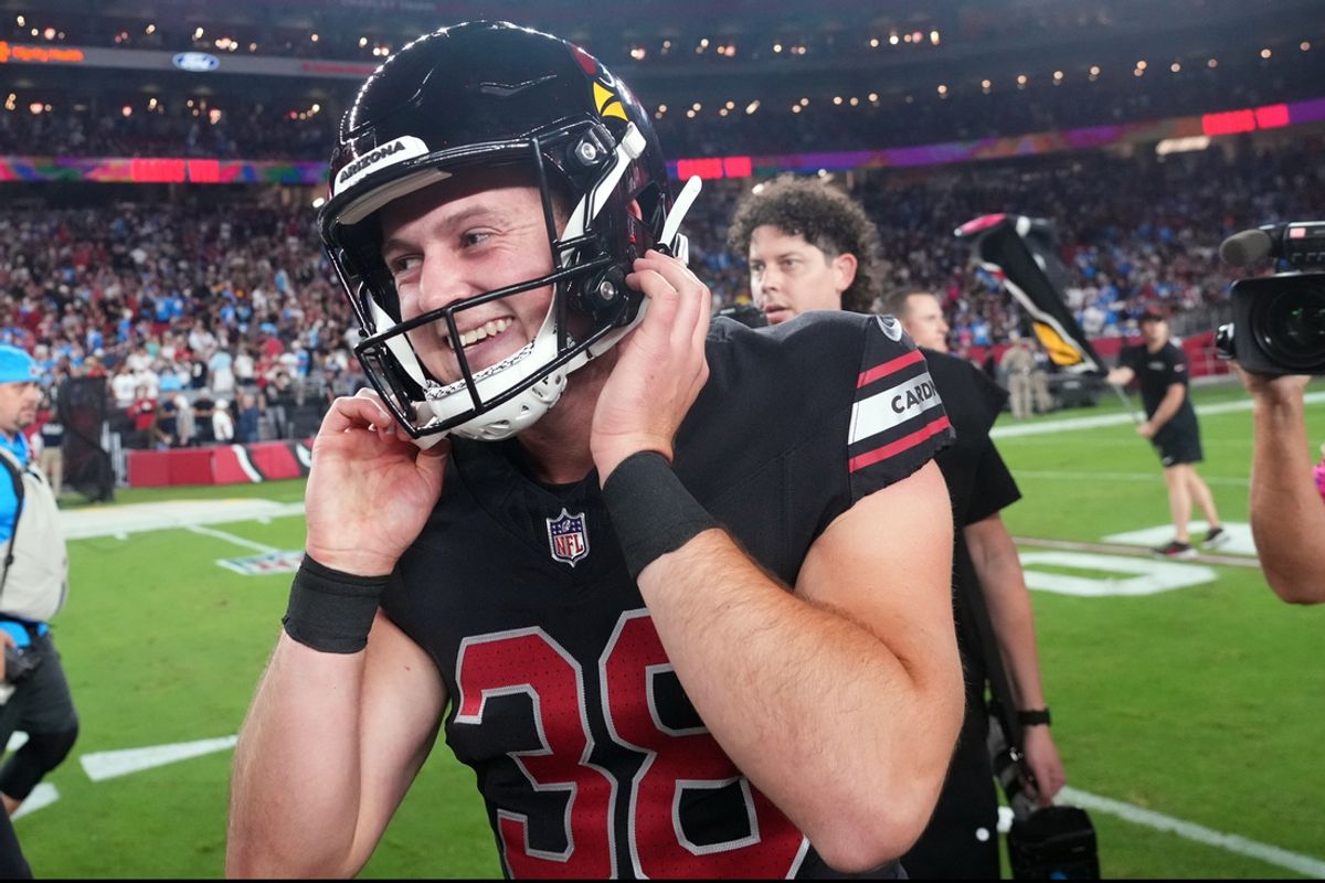 Oct 21, 2024; Glendale, Arizona, USA; Arizona Cardinals place kicker Chad Ryland (38) celebrates after making the game winning field goal against the Los Angeles Chargers at State Farm Stadium. Mandatory Credit: Joe Camporeale-Imagn Images