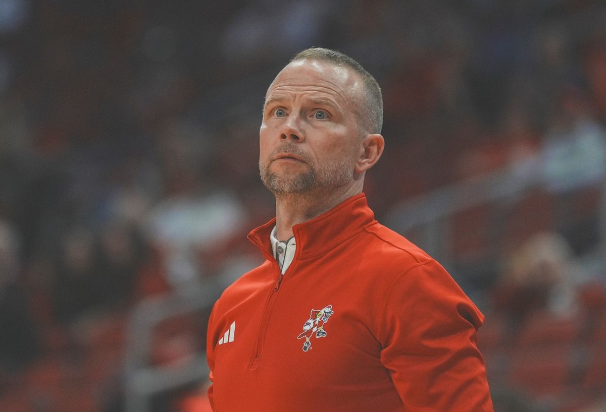 Louisville men's basketball coach Pat Kelsey works the sidelines during the team's first exhibition game at the KFC Yum! Center in downtown Louisville, Ky. Oct. 21, 2024.