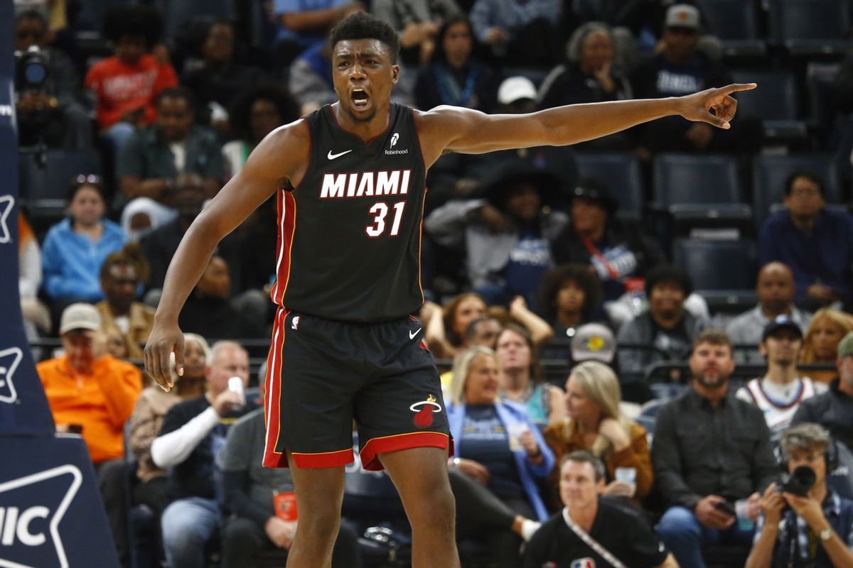 Oct 18, 2024; Memphis, Tennessee, USA; Miami Heat center Thomas Bryant (31) reacts during the first half against the Memphis Grizzlies at FedExForum. Mandatory Credit: Petre Thomas-Imagn Images