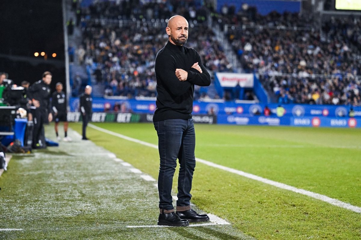 Oct 19, 2024; Montreal, Quebec, CAN; CF Montreal head coach Laurent Courtois looks on against New York City FC during second half at Stade Saputo. Mandatory Credit: David Kirouac-Imagn Images