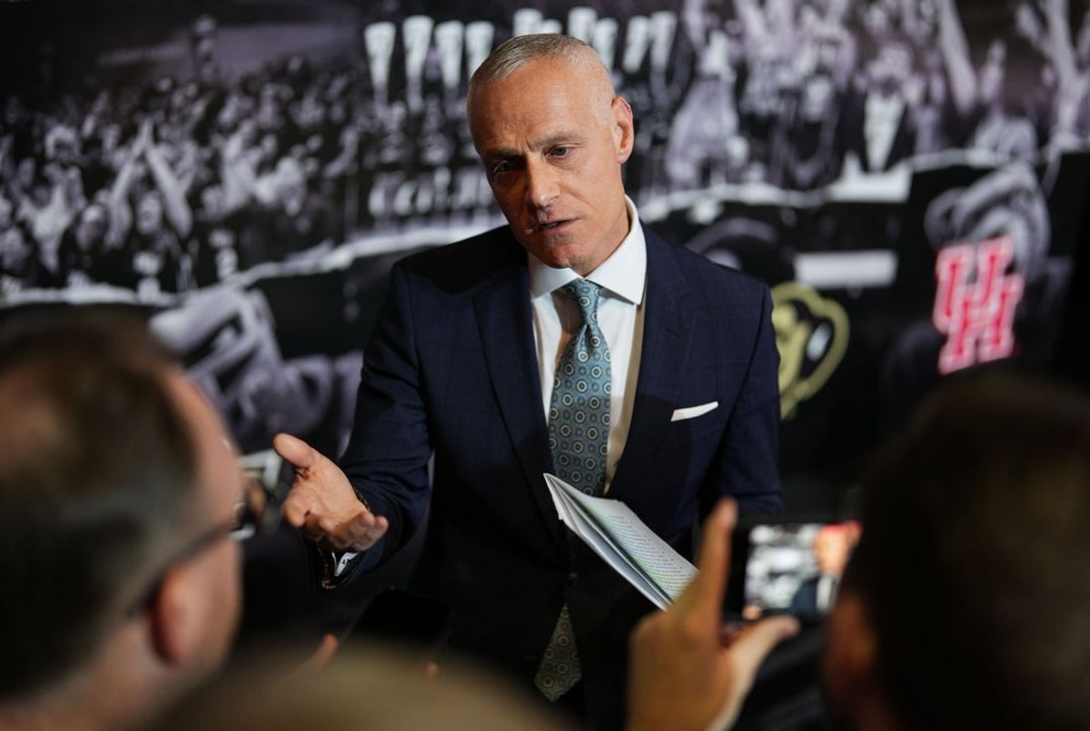 Oct 22, 2024; Kansas City, MO, USA; Big 12 Commissioner Brett Yormark speaks to media during Big 12 Women’s Basketball Media Day at T-Mobile Center. Mandatory Credit: Jay Biggerstaff-Imagn Images