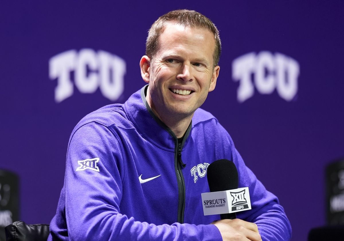 Oct 22, 2024; Kansas City, MO, USA; TCU Horned Frogs head coach Mark Campbell talks to media during Big 12 Women’s Basketball Media Day at T-Mobile Center. Mandatory Credit: Jay Biggerstaff-Imagn Images