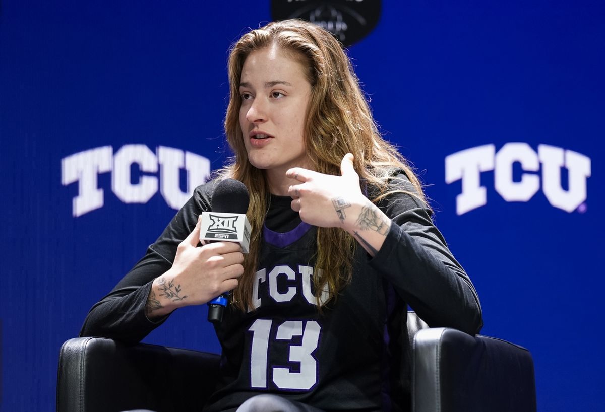 Oct 22, 2024; Kansas City, MO, USA; TCU Horned Frogs center Sedona Prince (13) talks to media during Big 12 Women’s Basketball Media Day at T-Mobile Center. Mandatory Credit: Jay Biggerstaff-Imagn Images