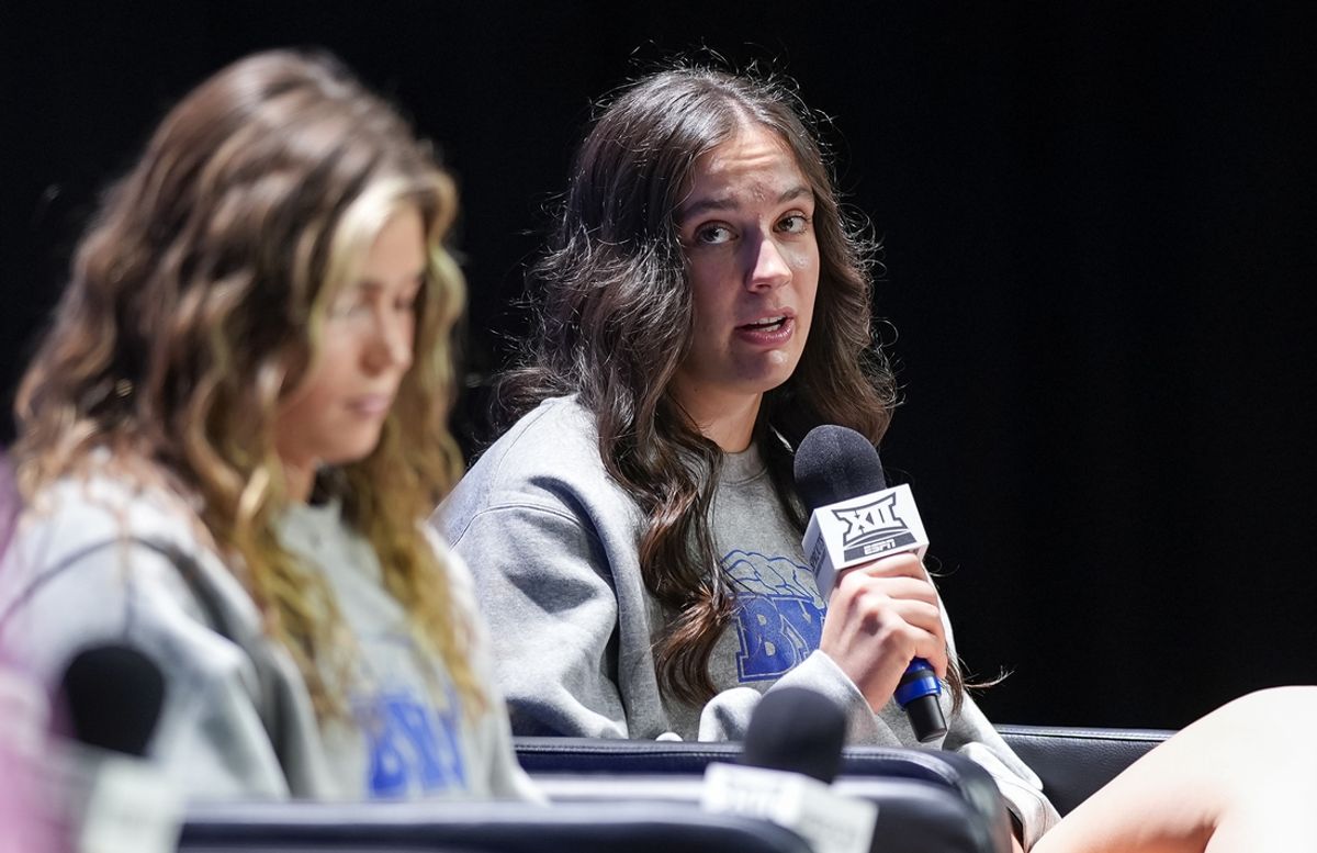 Oct 22, 2024; Kansas City, MO, USA; BYU Cougars forward Emma Calvert (25) talks to media during Big 12 Women’s Basketball Media Day at T-Mobile Center. Mandatory Credit: Jay Biggerstaff-Imagn Images