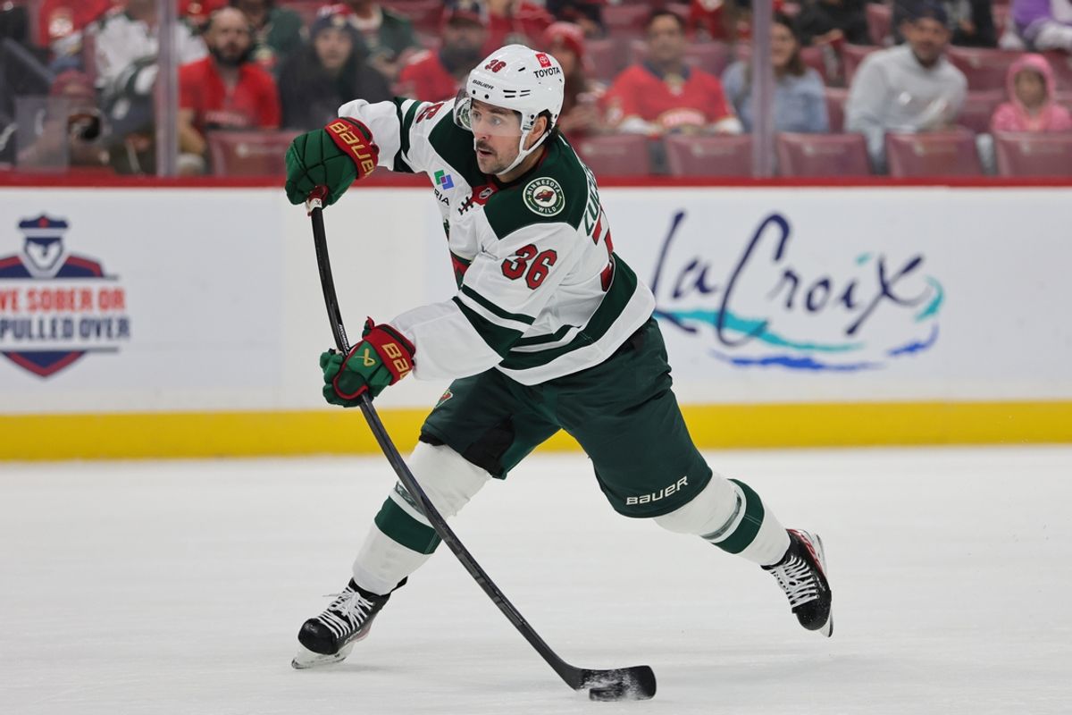 Oct 22, 2024; Sunrise, Florida, USA; Minnesota Wild right wing Mats Zuccarello (36) shoots the puck against the Florida Panthers during the first period at Amerant Bank Arena. Mandatory Credit: Sam Navarro-Imagn Images