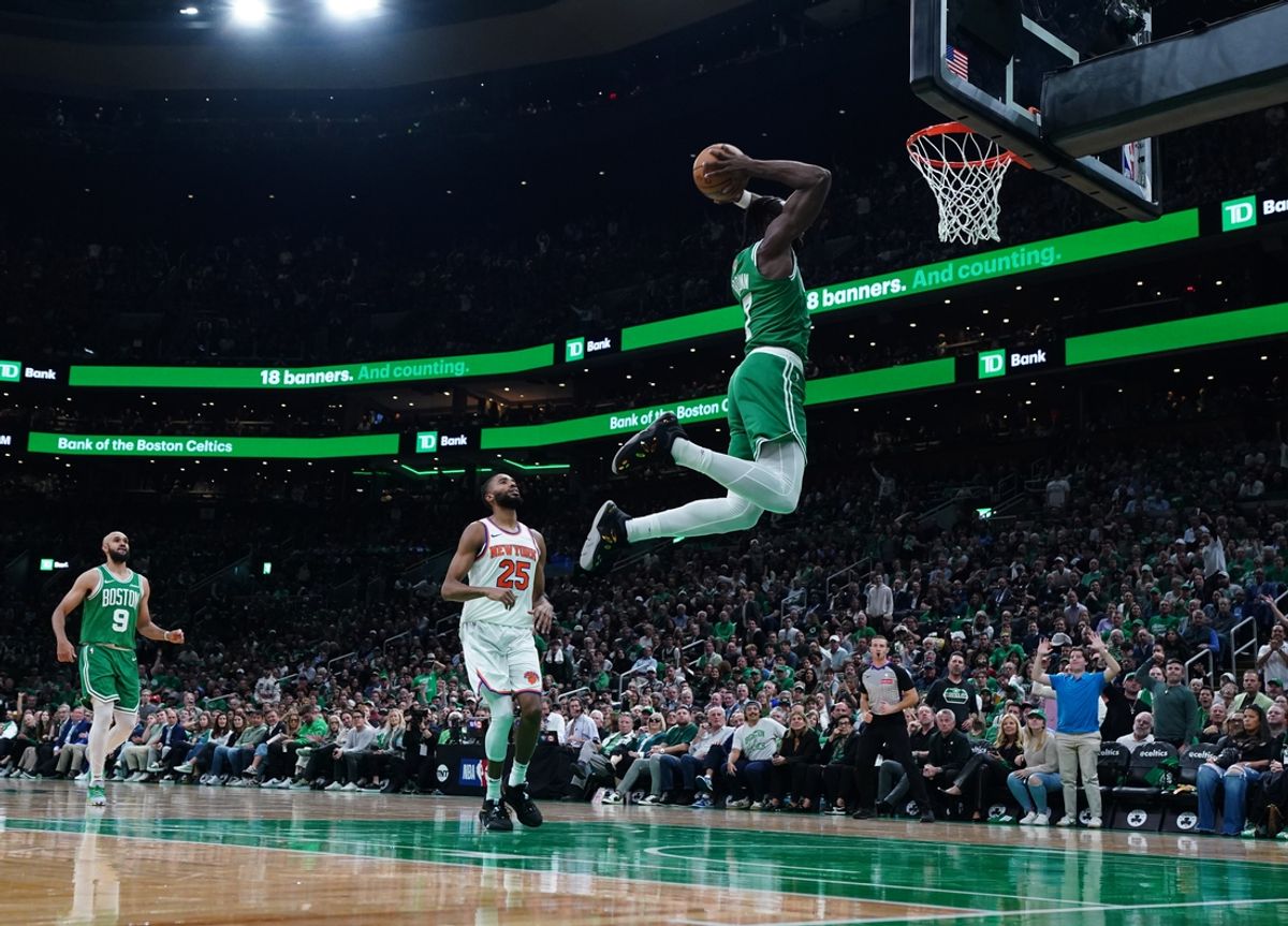 Oct 22, 2024; Boston, Massachusetts, USA; Boston Celtics guard Jaylen Brown (7) drives to the basket against the New York Knicks in the second quarter at TD Garden. Mandatory Credit: David Butler II-Imagn Images