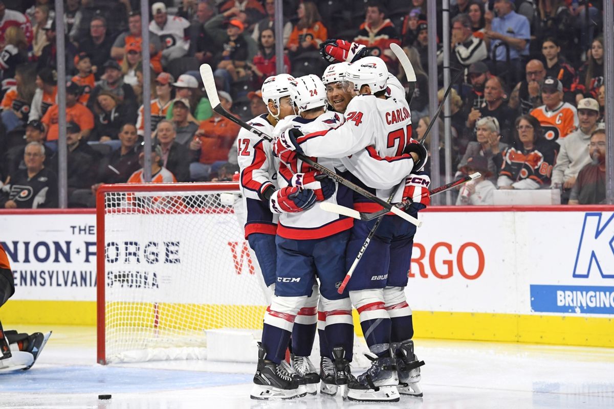 Oct 22, 2024; Philadelphia, Pennsylvania, USA; Washington Capitals center Dylan Strome (17) celebrates his goal with teammates against the Philadelphia Flyers during the third period at Wells Fargo Center. Mandatory Credit: Eric Hartline-Imagn Images