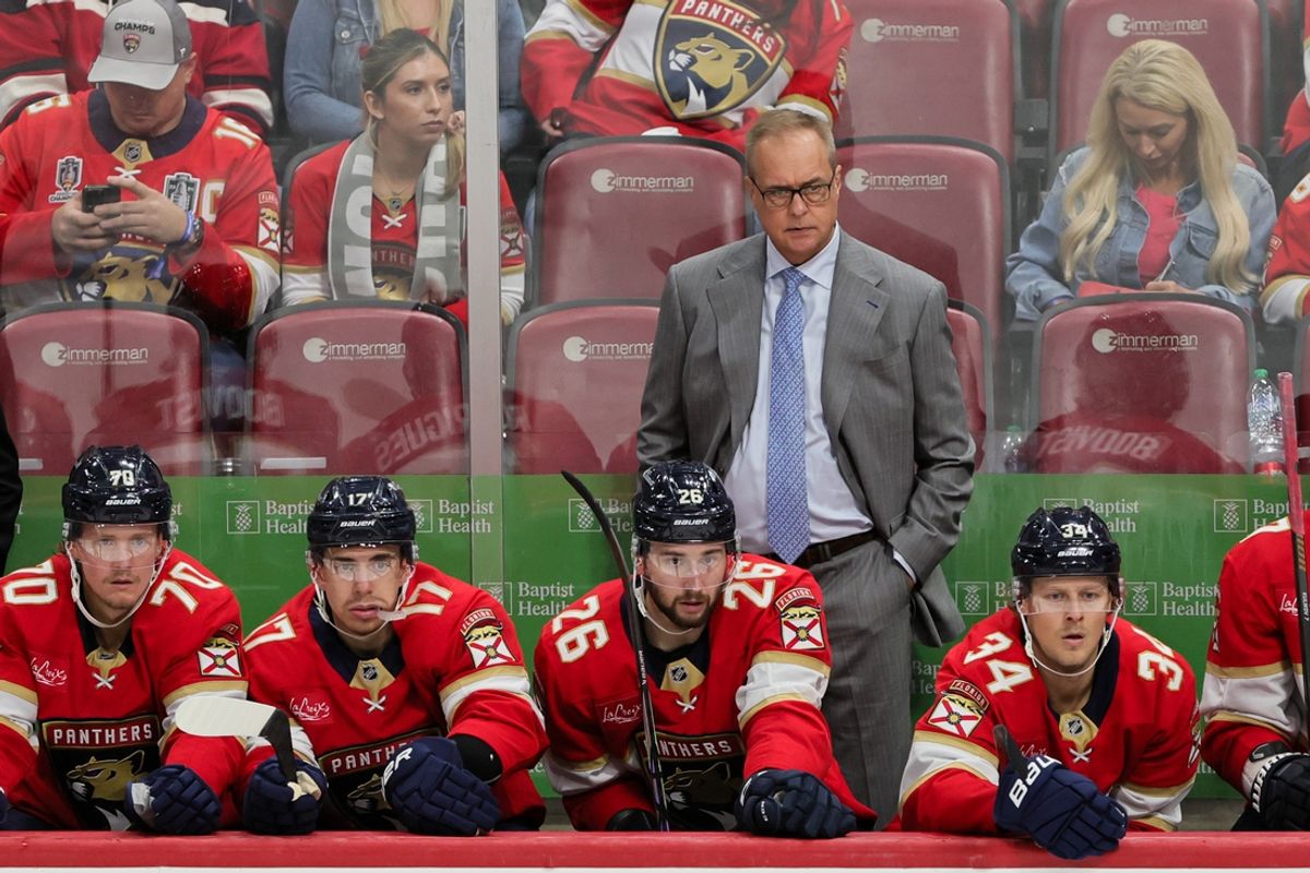 Oct 22, 2024; Sunrise, Florida, USA; Florida Panthers head coach Paul Maurice watches from the bench against the Minnesota Wild during the third period at Amerant Bank Arena. Mandatory Credit: Sam Navarro-Imagn Images