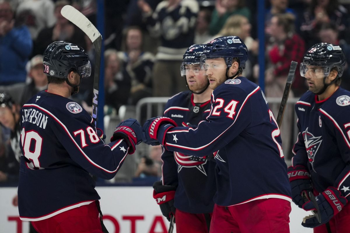 Oct 22, 2024; Columbus, Ohio, USA; Columbus Blue Jackets right wing Mathieu Olivier (24) celebrates with teammates after scoring a goal against the Toronto Maple Leafs during the second period at Nationwide Arena. Mandatory Credit: Aaron Doster-Imagn Images