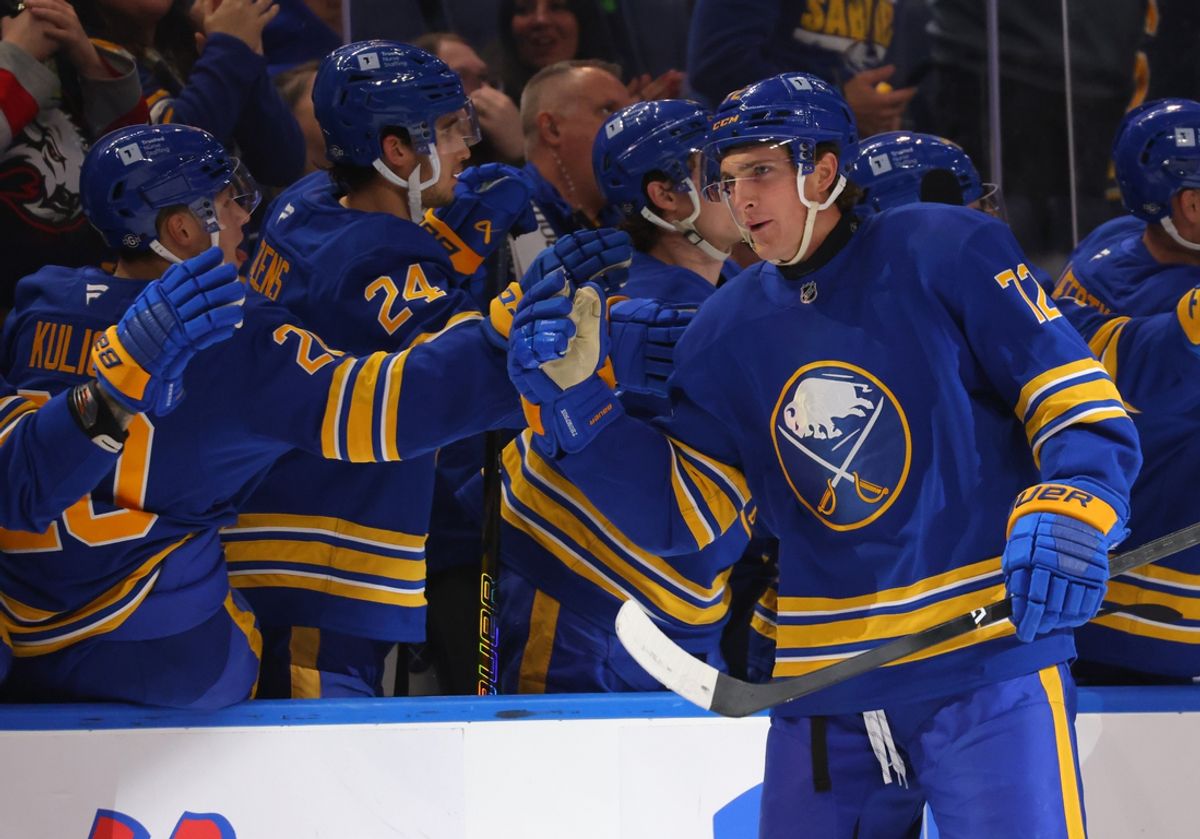 Oct 22, 2024; Buffalo, New York, USA;  Buffalo Sabres center Tage Thompson (72) celebrates his goal with teammates during the third period against the Dallas Stars at KeyBank Center. Mandatory Credit: Timothy T. Ludwig-Imagn Images