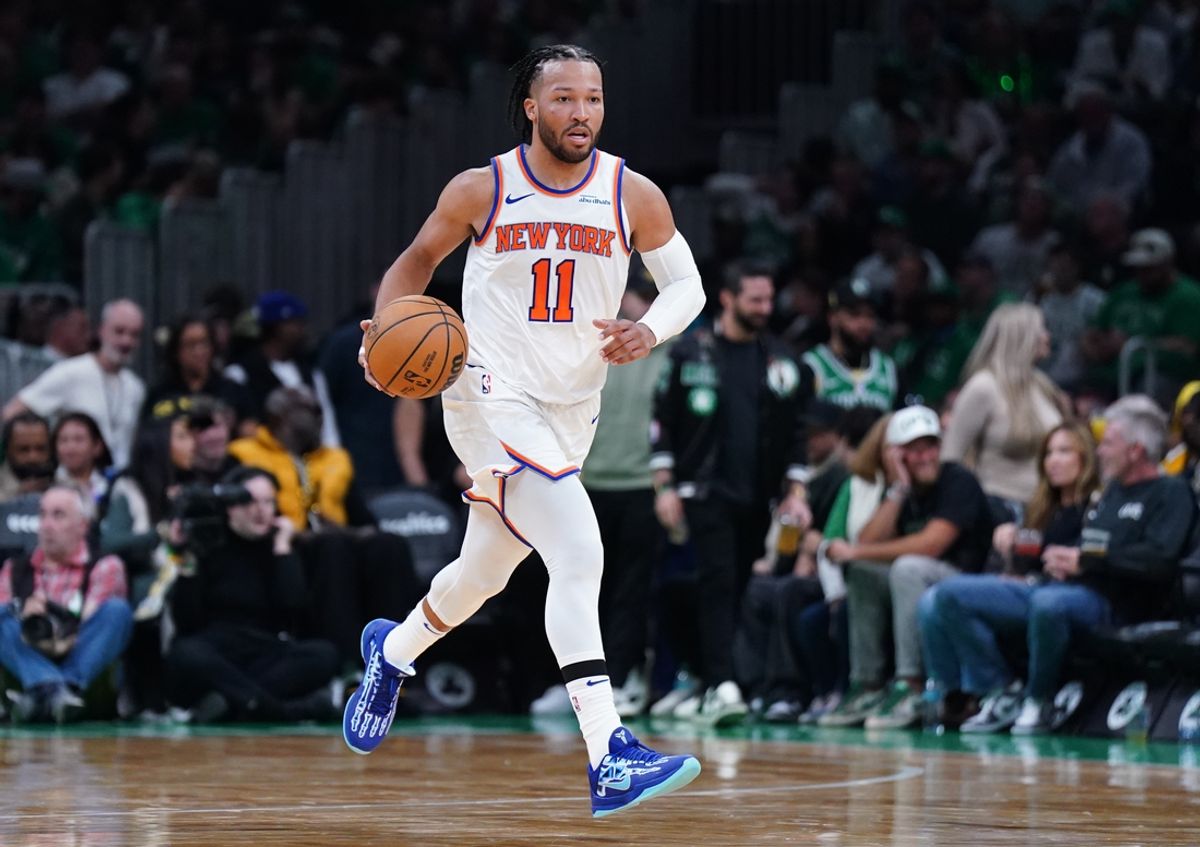 Oct 22, 2024; Boston, Massachusetts, USA; New York Knicks guard Jalen Brunson (11) returns the ball against the Boston Celtics in the second half at TD Garden. Mandatory Credit: David Butler II-Imagn Images