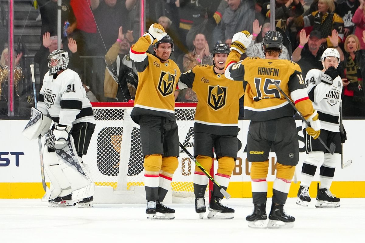 Oct 22, 2024; Las Vegas, Nevada, USA; Vegas Golden Knights right wing Mark Stone (61) celebrates with left wing Pavel Dorofeyev (16) and defenseman Noah Hanifin (15) after scoring a goal against the Los Angeles Kings during the first period at T-Mobile Arena. Mandatory Credit: Stephen R. Sylvanie-Imagn Images