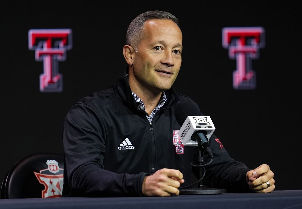Oct 23, 2024; Kansas City, MO, USA; Texas Tech Red Raiders head coach Grant McCasland talks to media during the Big 12 Men’s Basketball Media Day at T-Mobile Center. Mandatory Credit: Jay Biggerstaff-Imagn Images