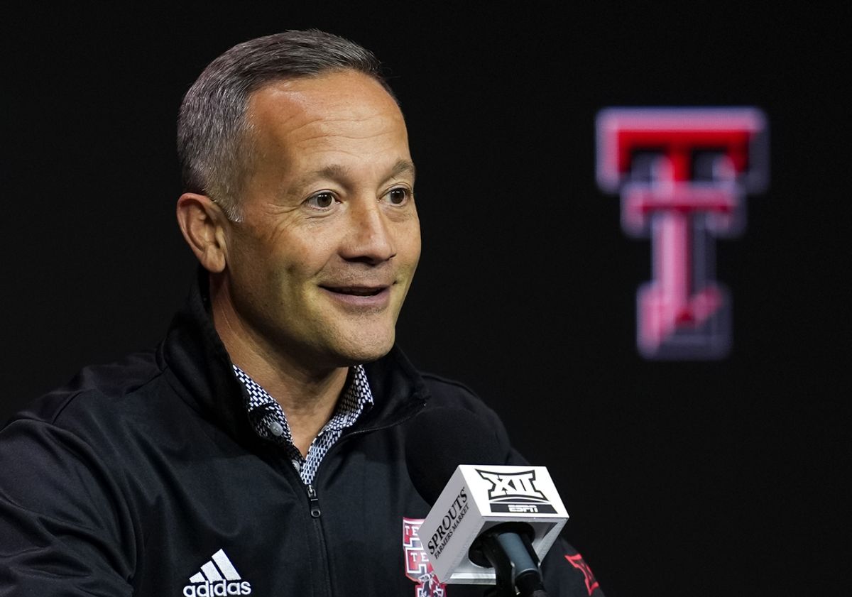 Oct 23, 2024; Kansas City, MO, USA; Texas Tech Red Raiders head coach Grant McCasland talks to media during the Big 12 Men’s Basketball Media Day at T-Mobile Center. Mandatory Credit: Jay Biggerstaff-Imagn Images